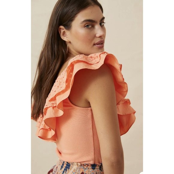 Anthropologie Sunday in Brooklyn Eyelet Ruffled Top Orange XXS‎ $78 NEW NWT - Picture 2 of 12